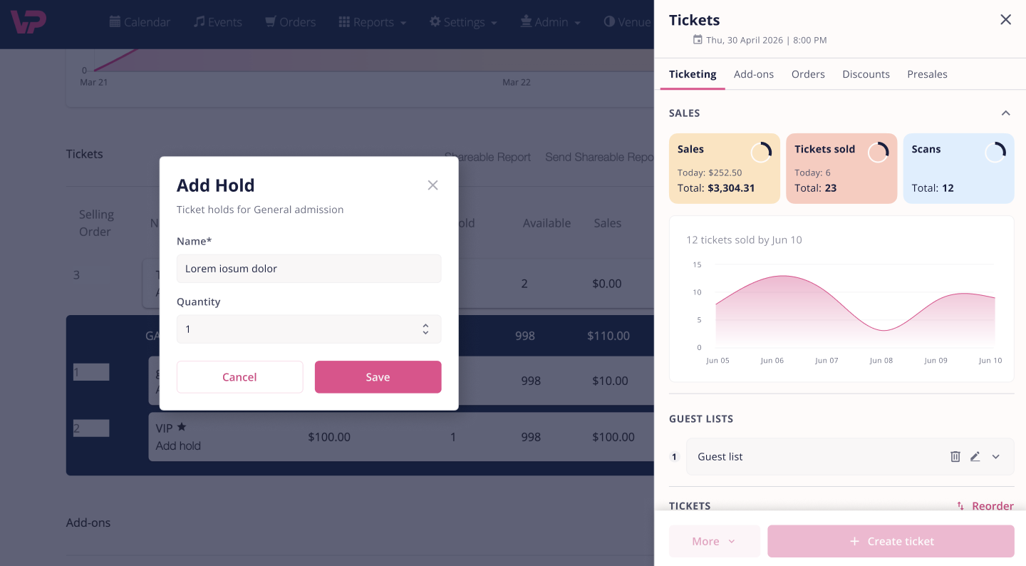 VenuePilot Add Hold modal — name and quantity over the tickets table