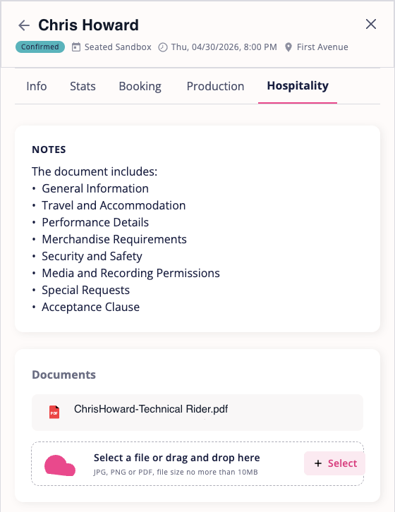 VenuePilot artist Hospitality tab — notes and documents