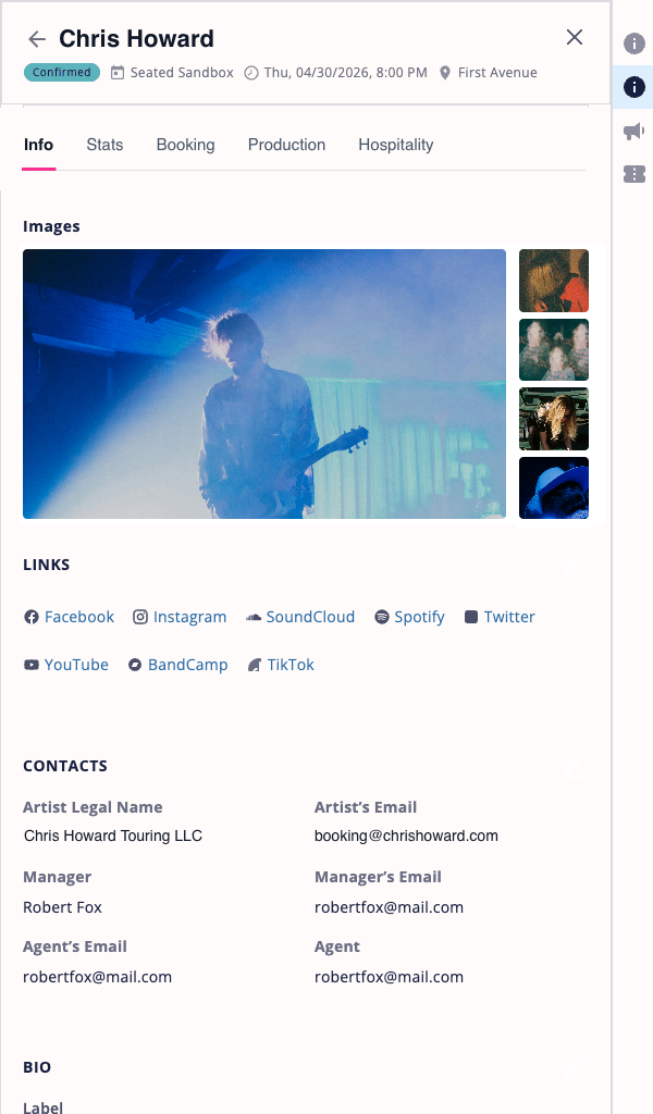 VenuePilot artist profile — Info tab