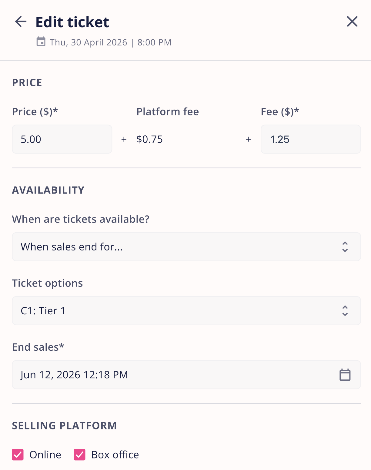 VenuePilot edit ticket — price, platform fee, and your fee