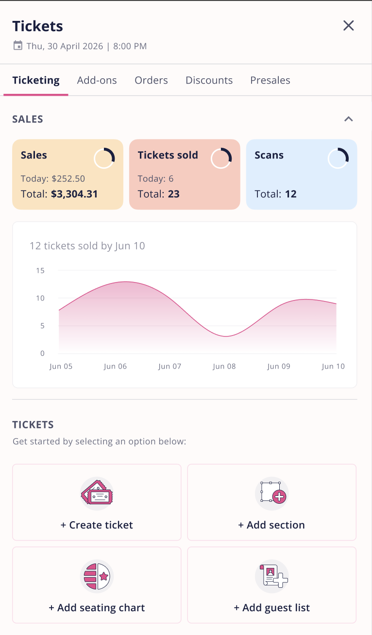 VenuePilot tickets panel