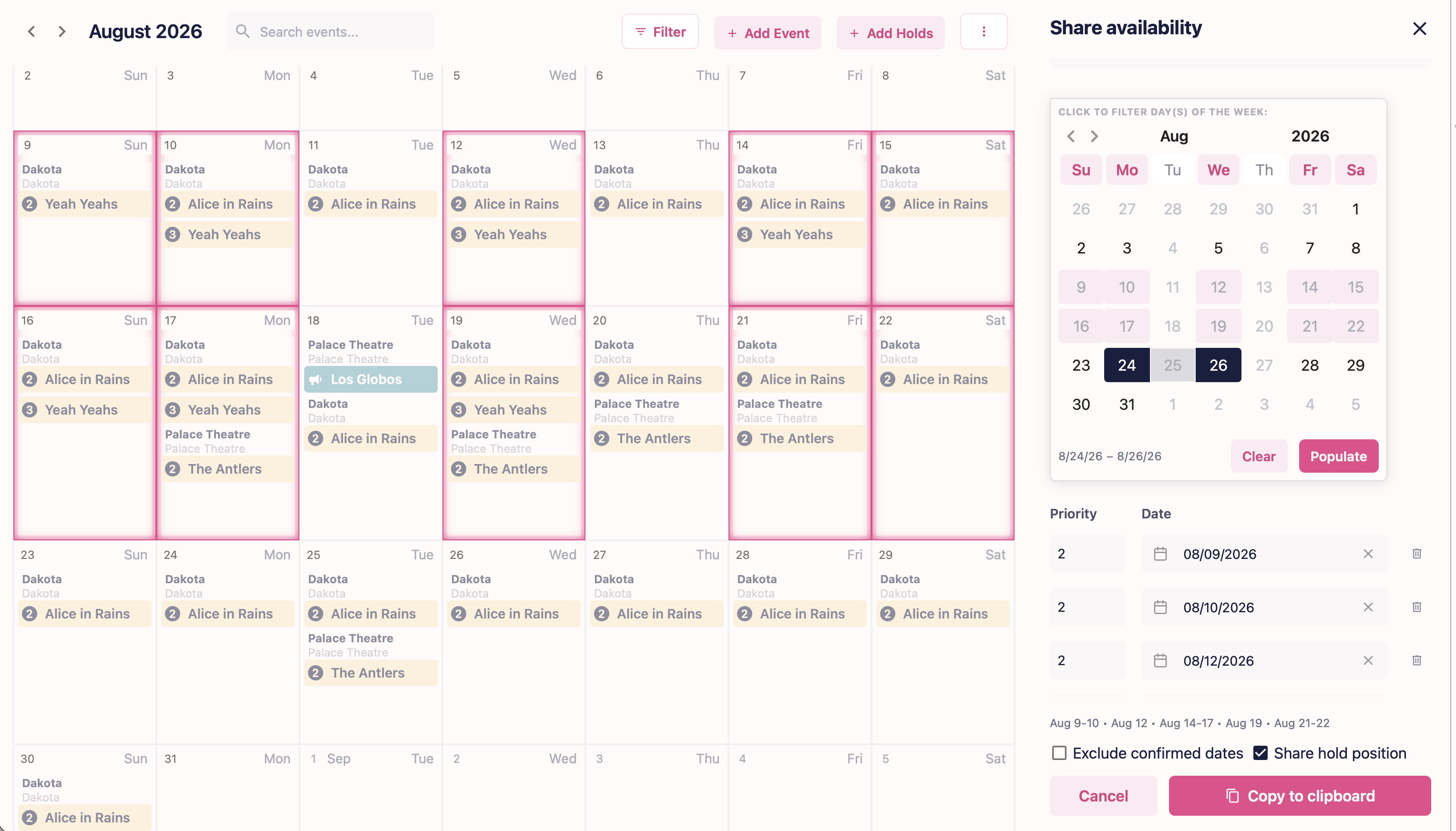 VenuePilot calendar with the Share Availability panel open
