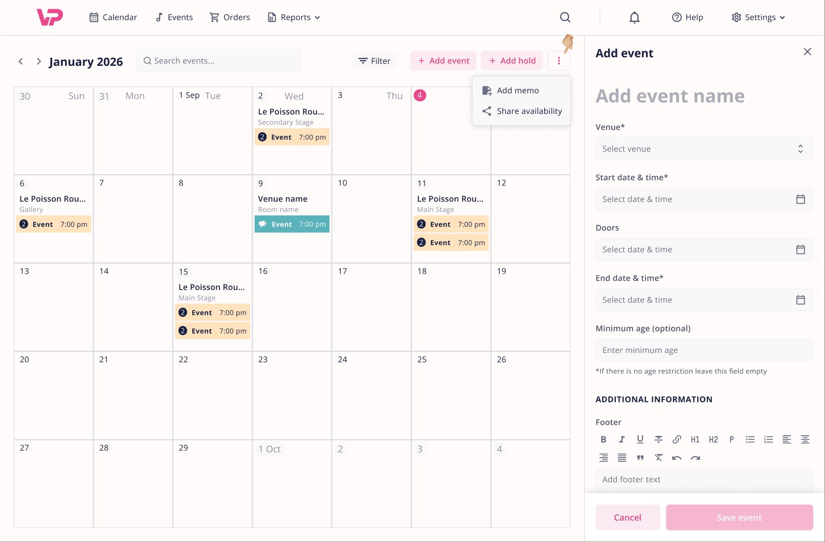 VenuePilot calendar with the Add Event panel open